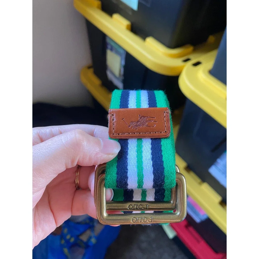 Polo Ralph Lauren Belt Striped D-Ring Green Preppy Canvas Old Money Nautical 90s